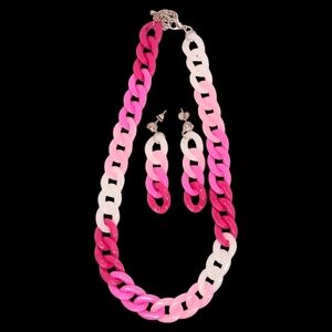 HANDMADE Pink and White Barbiecore Chain Necklace & Earrings Jewelry Set